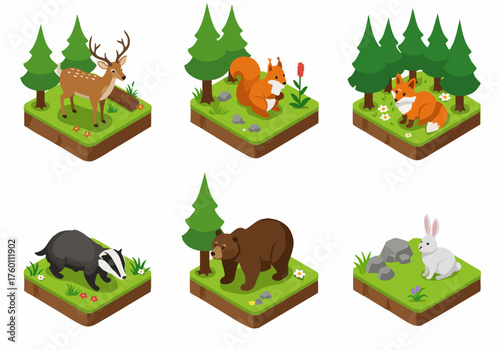 Isometric Cute Wild Animal on Forest Tile Nature Element Collection