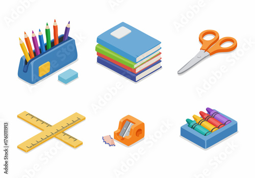 Isometric Flat Design School Supplies and Stationery Equipment Illustration