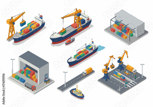 Isometric Detailed Container Ships Docks and Vehicles Logistics Industry