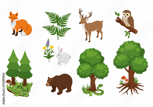 Cute Flat Style Woodland Animals and Plant Set Illustration Pack