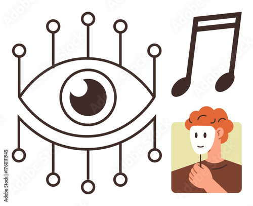 Eye with network lines symbolizing vision and connectivity, a large musical note for creativity, and a person holding a mask for identity. Ideal for creativity, vision, networking, identity, emotion