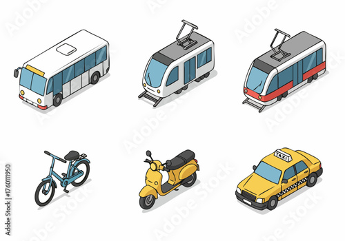 Isometric Pixelated Urban Transportation Vehicle Icon Set Design Illustration