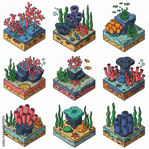Detailed Isometric Coral Reef Environment Pixel Art Game Asset Set