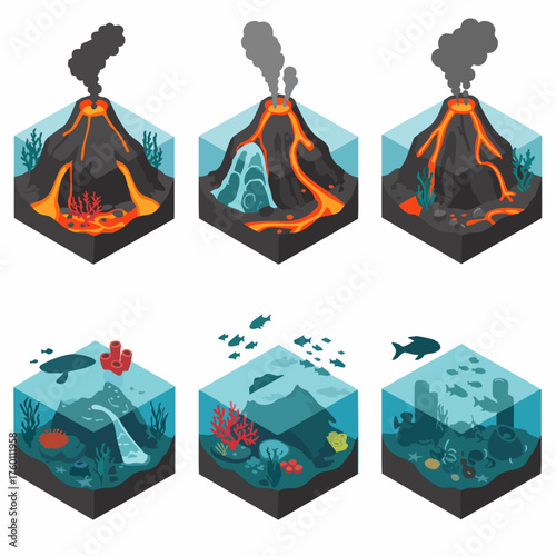 Isometric Detailed Volcano Eruption and Underwater Marine Life Ecosystem Illustration