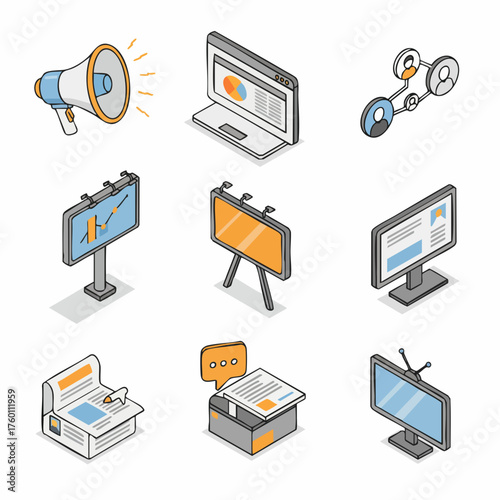 Isometric Detailed Marketing and Advertising Elements Objects Icons Set