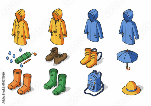 Isometric Detail Weather Gear and Accessories Cute Illustration Set