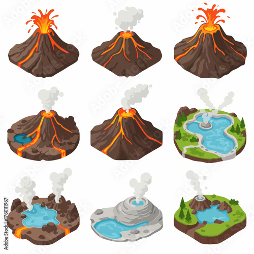 Isometric Detailed Volcano and Geothermal Eruption Nature Topography Environment Illustration