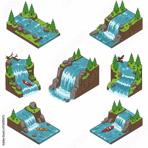 Isometric Pixelated Waterfall Landscape Scenery Element for Game Design Asset