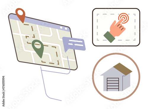 Online map with location pins, a house symbol, and a hand tapping on a button. Ideal for navigation, delivery logistics, real estate, digital services, user interface e-commerce direction. Simple
