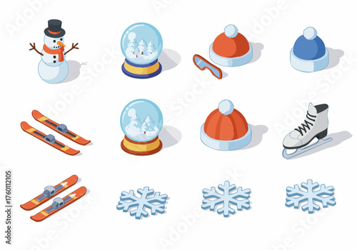 Isometric Winter Holiday Element Collection with Snowman, Ski, and Ornament