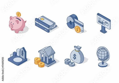Isometric Pixel Art Finance Icon Set for UI and Web Design