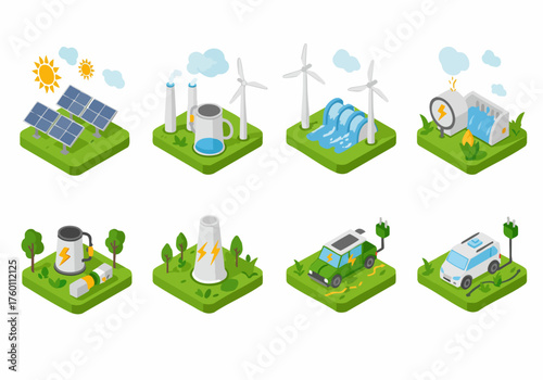Isometric Detail Green Energy Resource Renewable Generation Illustration Set