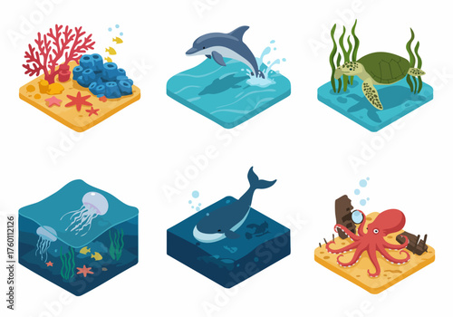 Isometric Marine Life Ocean Creature Scene Underwater World Graphic Element