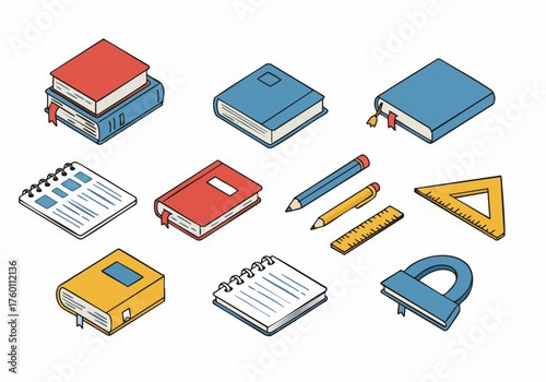 Isometric Outline Detailed Education Stationery Supply for Student Illustration