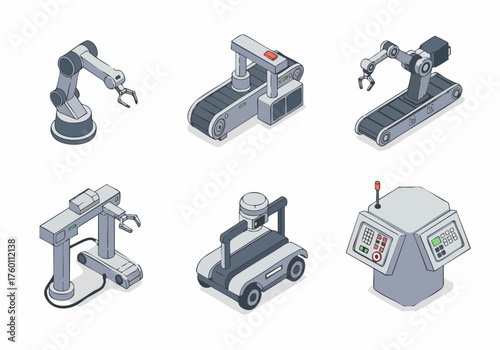Isometric Pixelated Industrial Robot Arm and Automated Conveyor Belt Equipment Icons