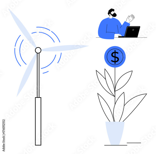 Wind turbine generating energy, man working remotely on laptop, and money plant representing financial growth. Ideal for renewable energy, remote work trends, sustainability, financial planning