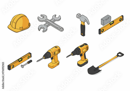 Isometric Style Detailed Construction Tools Set Illustration on Isolated Background