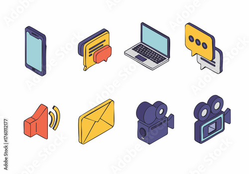 Isometric Flat Outline Communication Icon Set Representing Digital Interaction