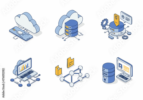 Isometric Detailed Digital Network Database Cloud Connection Technology Illustration