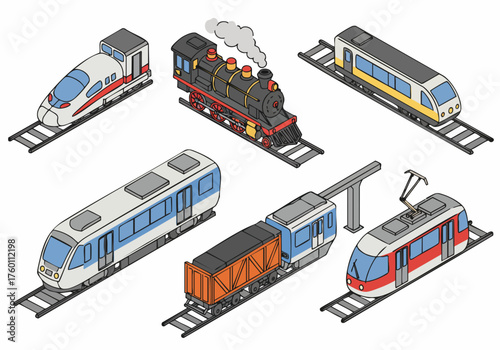 Isometric Detailed Train Collection Variety Transportation Mode Illustrated Design