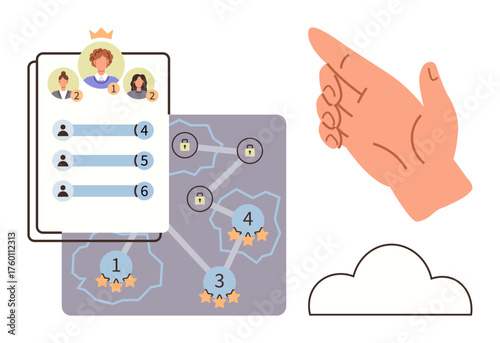 Leaderboard of user rankings beside a progress map with locked nodes and star ratings, accompanied by a guiding hand and cloud. Ideal for strategy, ranking, gaming, progress, navigation, guidance