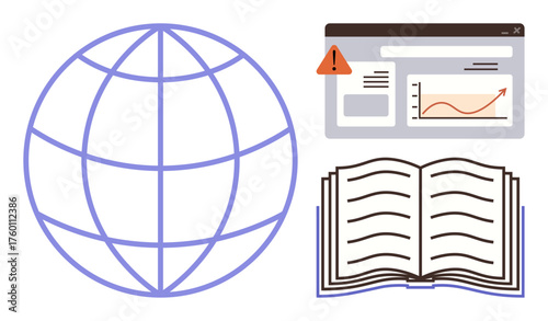 Globe, open book, and data chart with alert represent global knowledge, education, analytics, and information dissemination. Ideal for learning, research, innovation global impact literacy