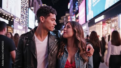 Couple walking hand in hand through crowded shopping district, evening lights, love in modern city.