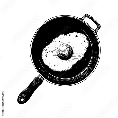 A single fried egg cooking in a skillet illustrated in hand-drawn sketch style on a white background, representing breakfast cooking concept