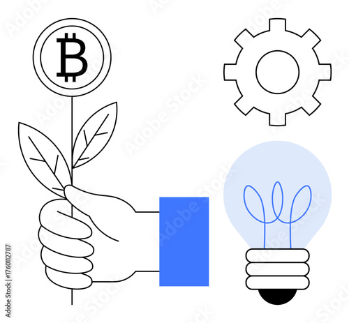 Hand holding a plant with Bitcoin sign, gear symbolizing mechanism, lightbulb for ideas. Ideal for cryptocurrency, sustainability, innovation, growth, technology, finance eco-friendly strategies