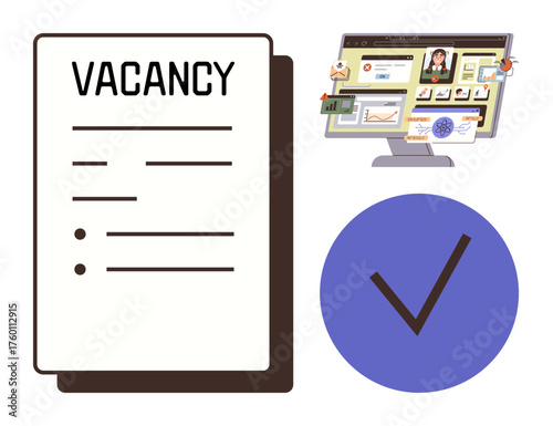 Job vacancy form, computer screen with candidate data, and checkmark for approval. Ideal for recruitment, hiring, job search, HR, career development employment feedback. Simple flat metaphor