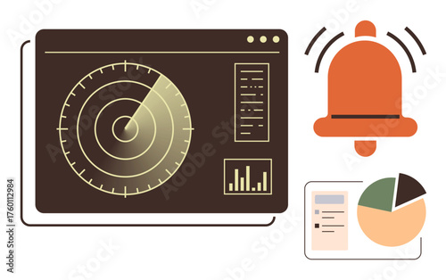 Radar screen tracking targets, notification bell, pie chart, and data summary panel. Ideal for security, analytics, tracking, monitoring, alert system data visualization simple flat metaphor