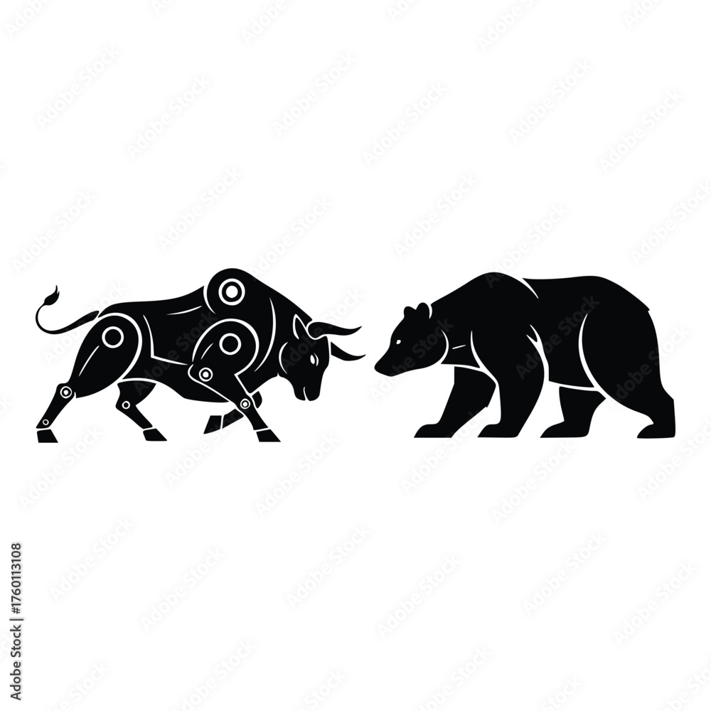 Fototapeta premium Bull and Bear Market Symbols Facing Each Other.