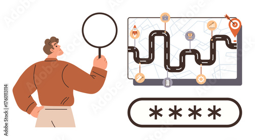 Man using magnifying glass to examine step-by-step route on a digital map with milestone icons and security input. Ideal for exploration, navigation, strategy, guidance, security, planning