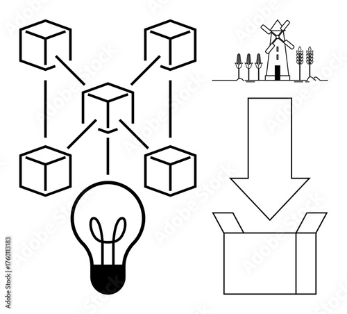 Interconnected cubes, windmill, crops, bulb, arrow into box. Ideal for innovation, blockchain, energy sustainability agriculture logistics future trends. Simple flat metaphor