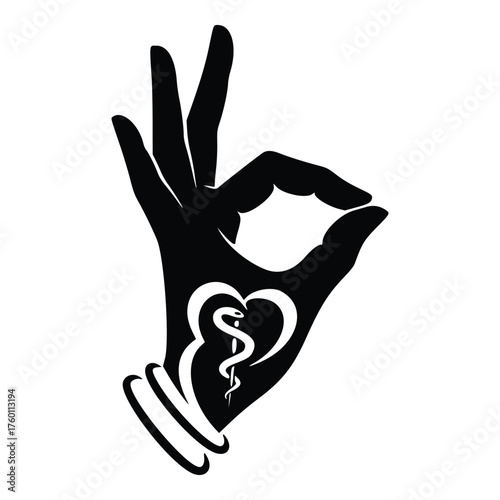 Hand gesture with medical caduceus symbol in heart shape.