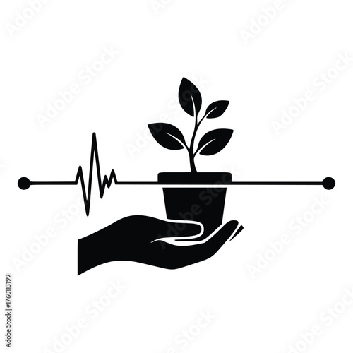 Hand holding potted plant with heartbeat line, symbolizing life and growth.