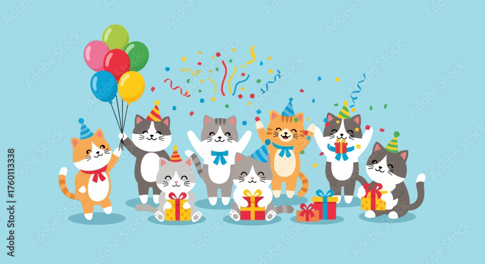 Naklejka premium Adorable cartoon cats celebrating a birthday party with balloons and gifts, perfect for kids birthday invites and cheerful digital marketing campaigns