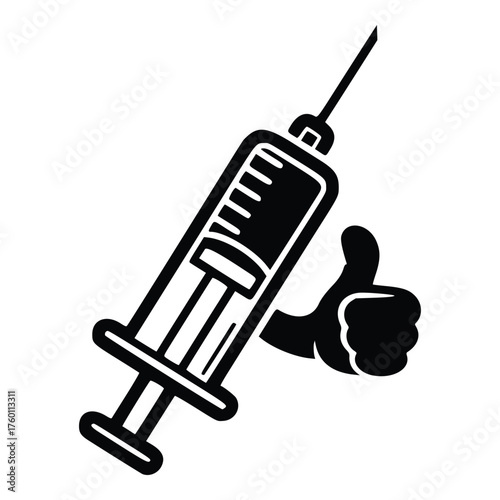Medical Syringe with Thumbs Up Gesture Black and White Illustration.