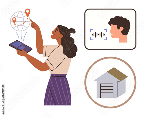 Woman using a tablet to track geolocations, connected icons for facial recognition and a smart home garage. Ideal for smart tech, navigation, facial ID, IoT, logistics, data integration, and flat