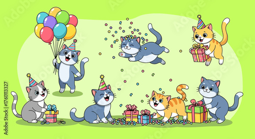 Join the adorable cartoon cats celebrating a whimsical birthday party with balloons, presents, and confetti for a playful, joyful design element