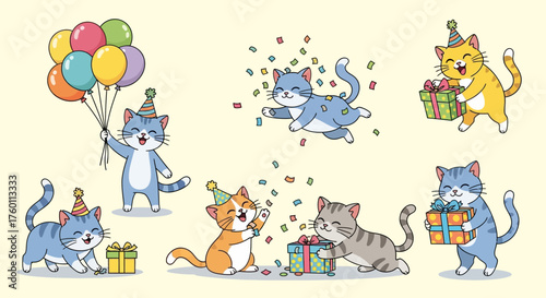 Adorable cartoon cats celebrating a fun birthday party with presents, balloons, and confetti bringing joy and smiles to any design project