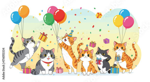 Delightful cats celebrating birthday with balloons, gifts, and party hats for charming greeting cards and playful pet-themed designs