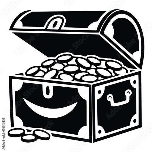 Open treasure chest filled with gold coins black and white illustration.