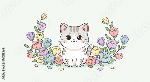 Adorable kitty surrounded by blooms, a charming design ideal for springtime greetings, baby announcements, or any project needing a touch of adorable sweetness