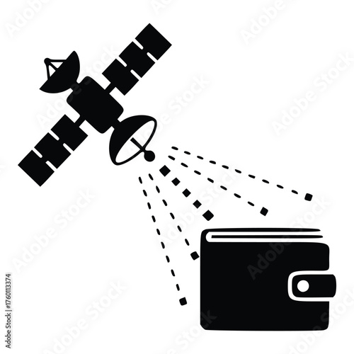 Satellite beaming data to a digital wallet icon representing global financial transactions.