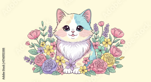 Adorable pastel kitten surrounded by colorful springtime blooms, perfect for cute greeting cards or cheerful marketing material