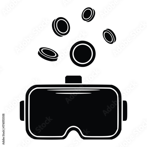 Virtual Reality Headset with Floating Digital Coins Icon.