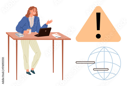 Female professional at desk with laptop and coffee gestures while addressing an issue. Alert symbol and network icon suggest communication, analysis, problem-solving. Ideal for technology, business