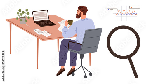 Seated man holding coffee while analyzing documents near laptop, papers, magnifying glass, and graph. Ideal for data analysis, research, productivity, office life, planning investigation simple