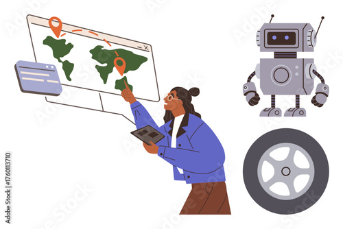 Woman interacting with a digital map with pins, holding a tablet. Robot and wheel nearby symbolize innovation. Ideal for technology, navigation, robotics, exploration, AI, engineering simple flat